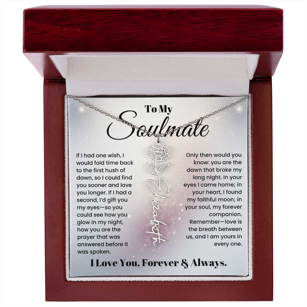 Personalised Name Flower Necklace for Soulmate with Heartfelt Love Note in Luxury Gift Box In White or Yellow Gold