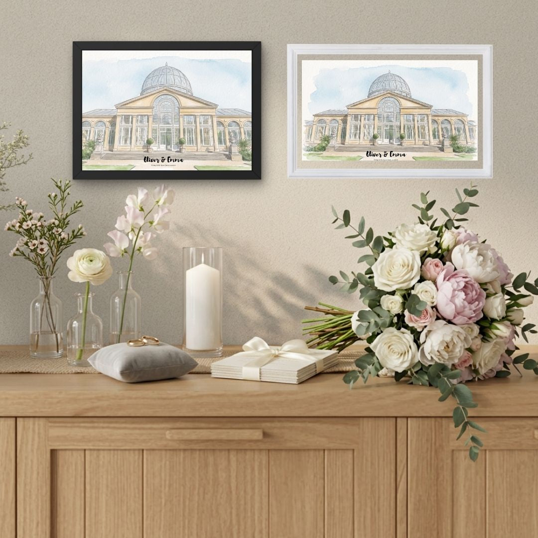 Personalised Wedding Venue Line Art Illustration Watercolour Framed Portrait