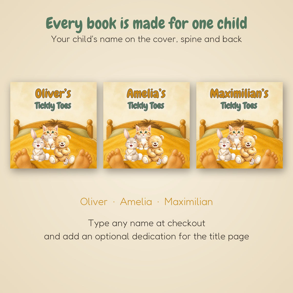 Three Tickly Toes covers personalised with the names Oliver, Amelia and Maximilian