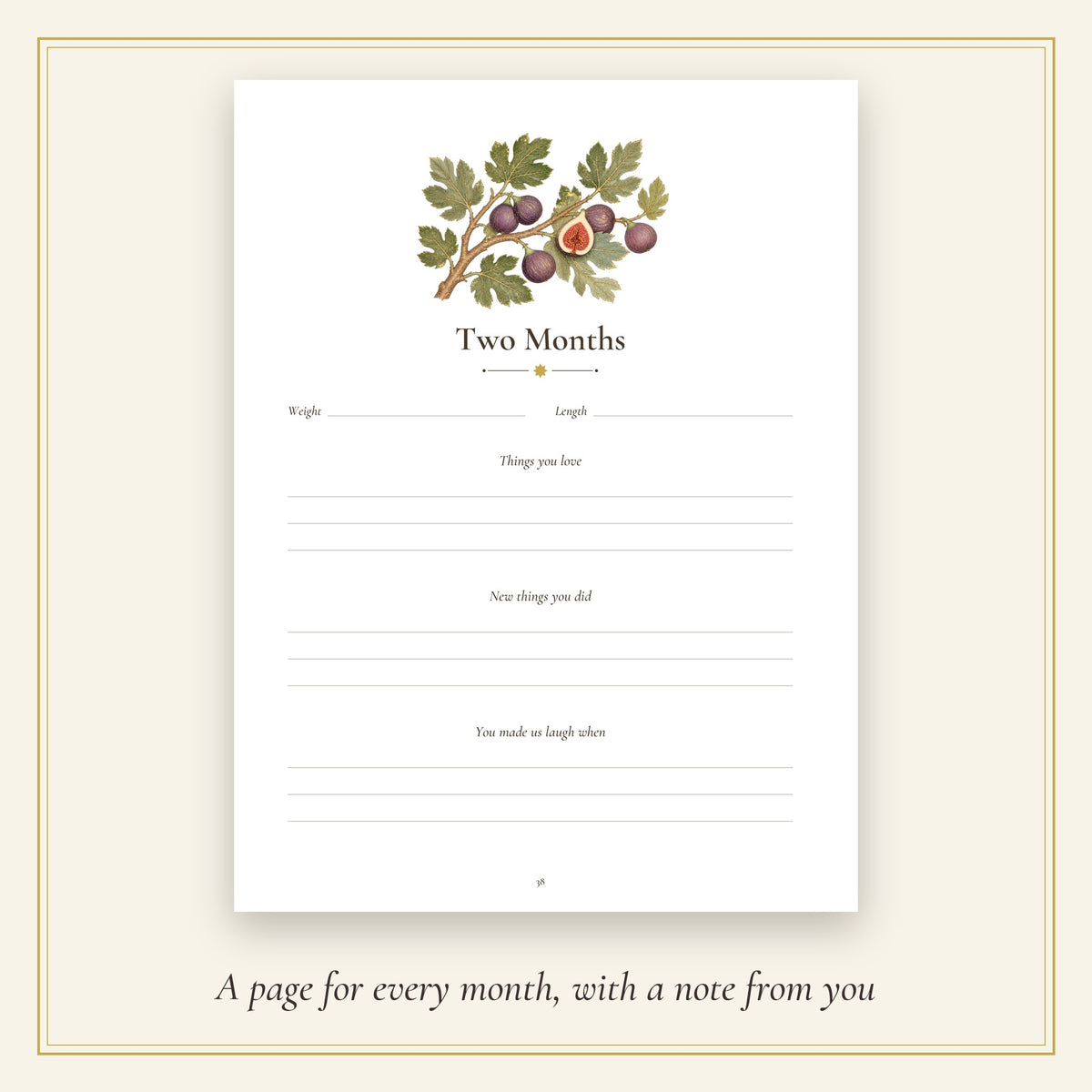 Inside page: a month page with a fig illustration and lines for notes