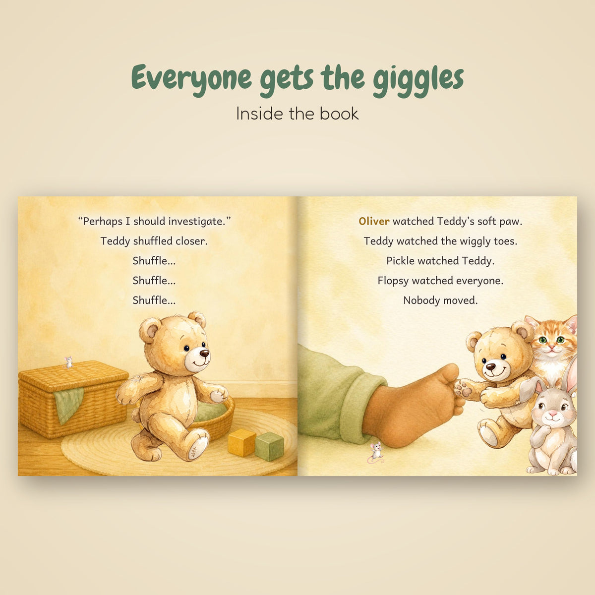 Inside spread of the Tickly Toes book: Teddy Bear shuffling closer to the toes