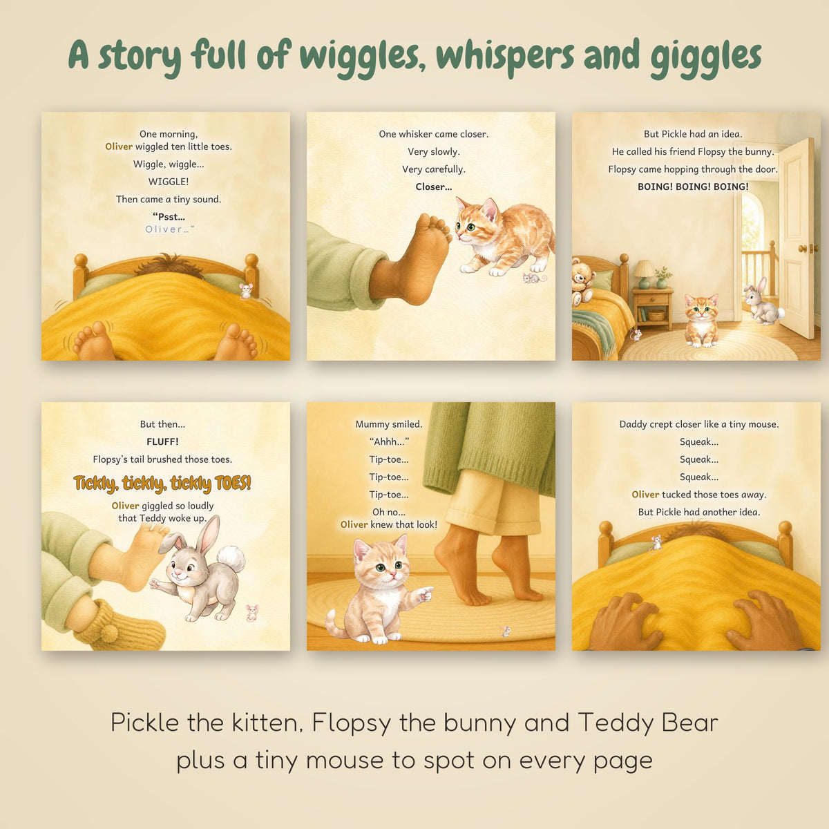 Six story pages from the personalised Tickly Toes picture book