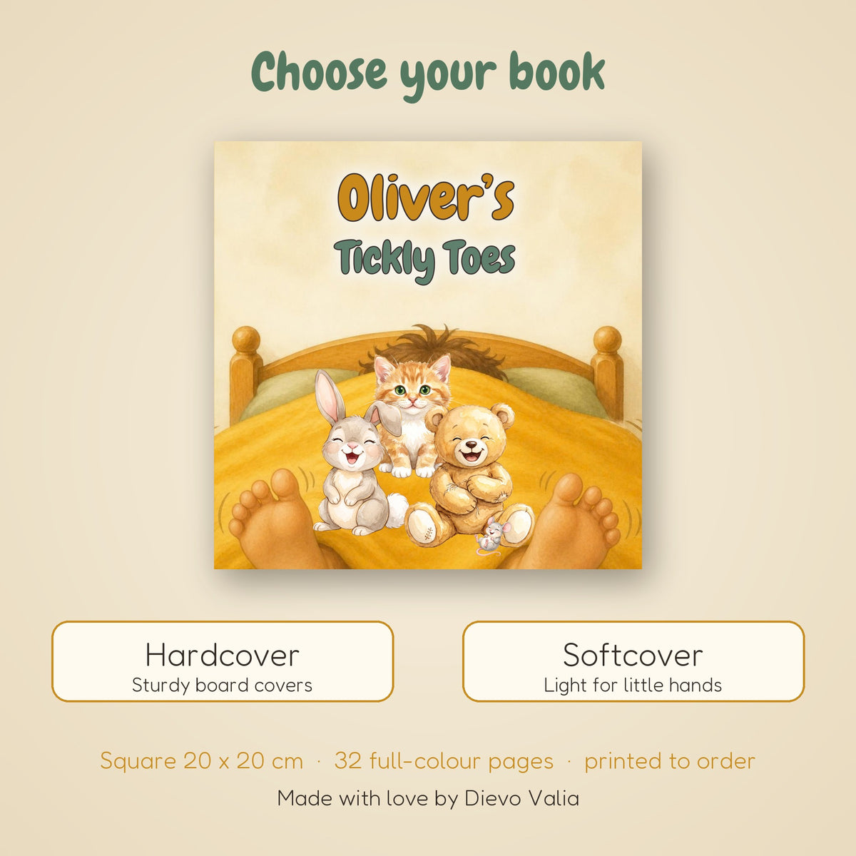 Tickly Toes book available in hardcover or softcover, 20 x 20 cm