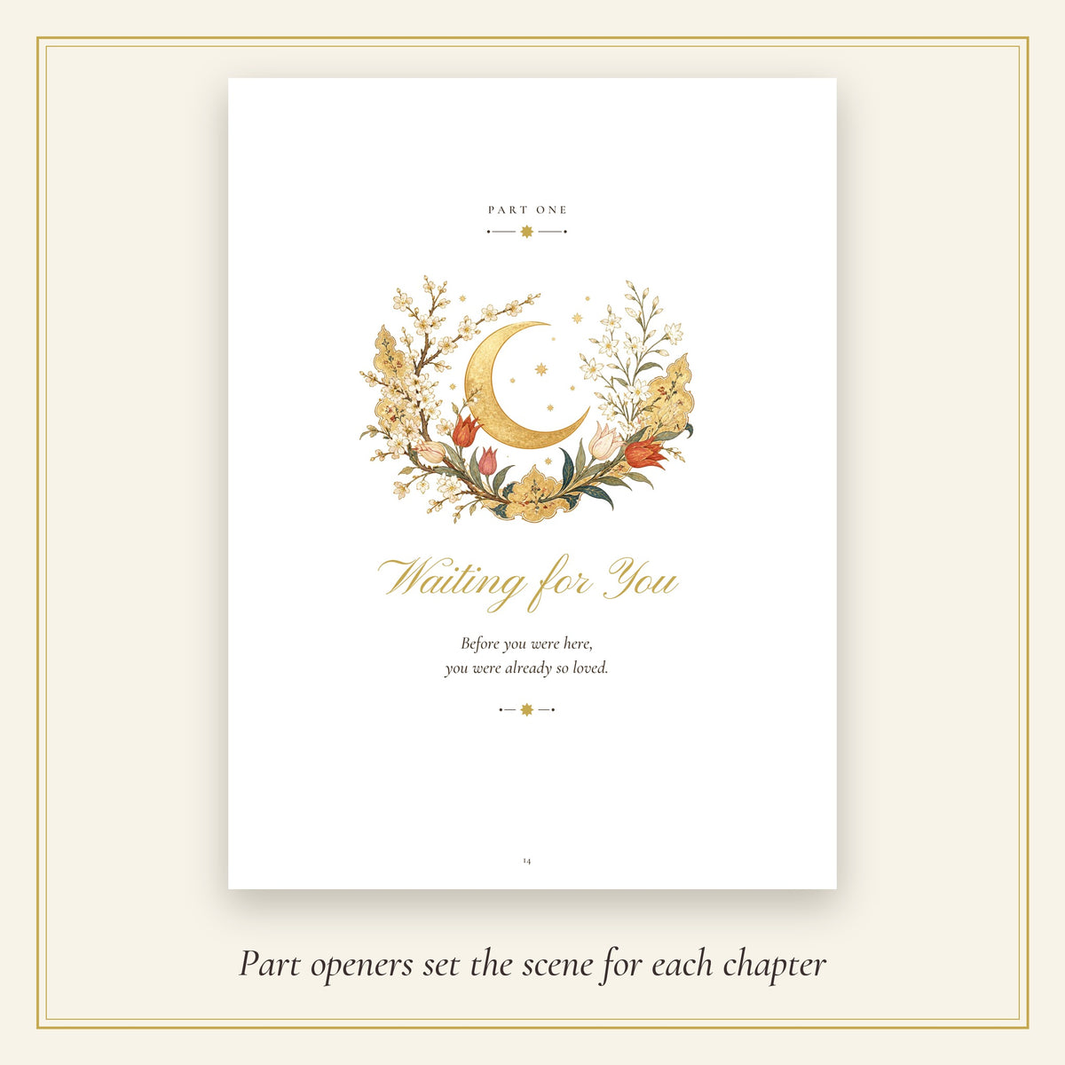 Inside page: Part One opener with a golden crescent moon and flowers