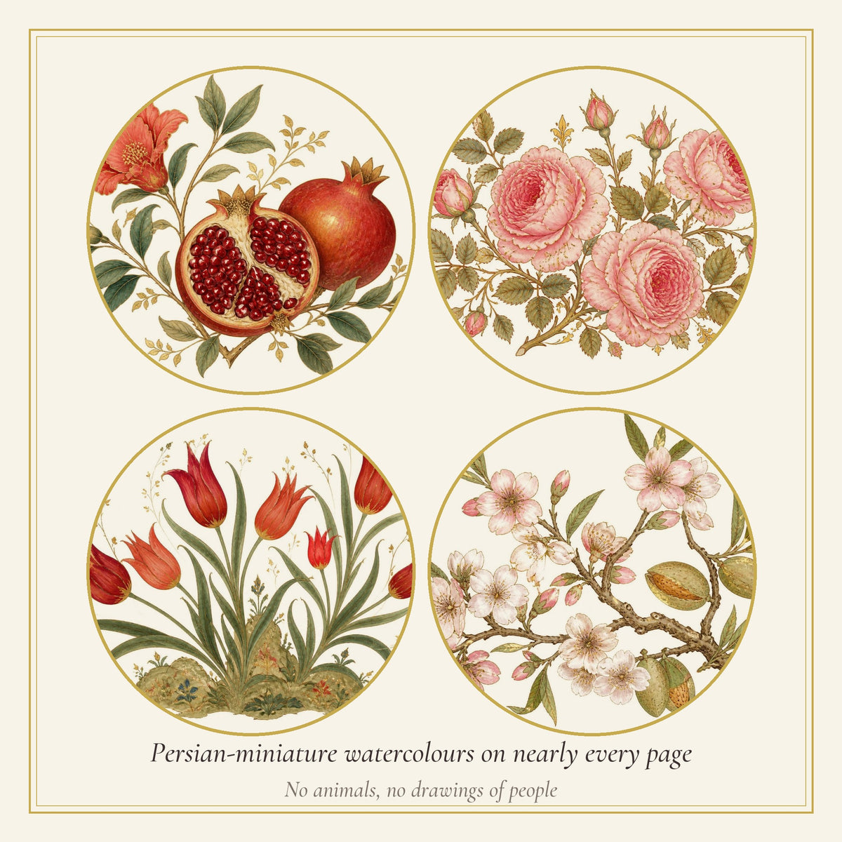 Persian-miniature watercolour pomegranate, rose, tulip and almond blossom illustrations