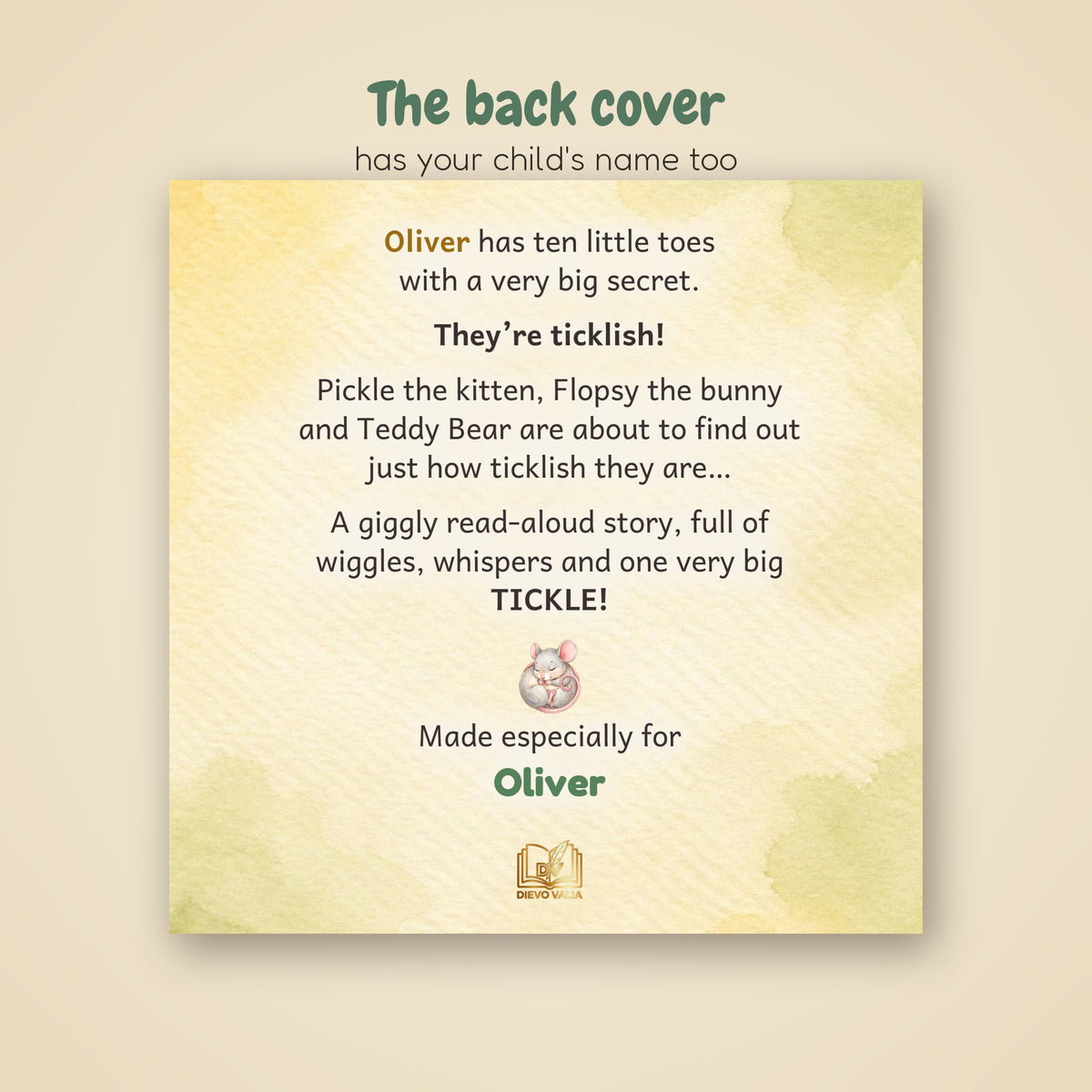 Back cover of the Tickly Toes book with blurb and made especially for the child's name