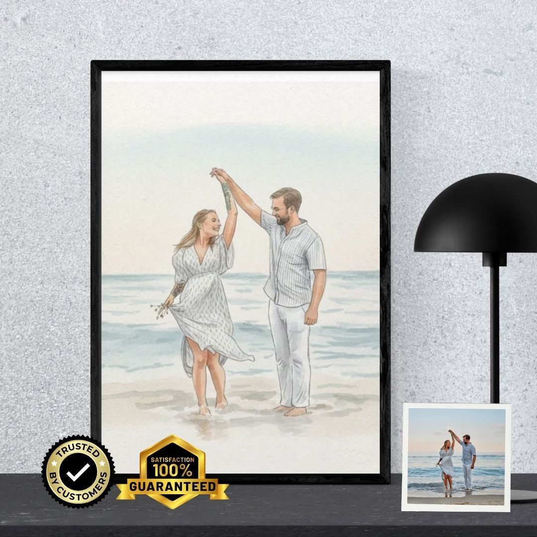 Framed personalised couples watercolour line art portrait in black frame