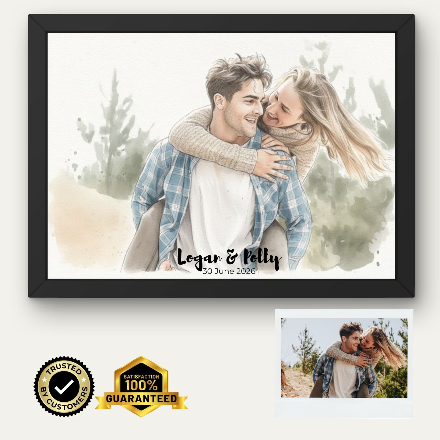 Personalised Couple Watercolour Portrait Custom Illustration Gift Unframed Romantic Wall Art