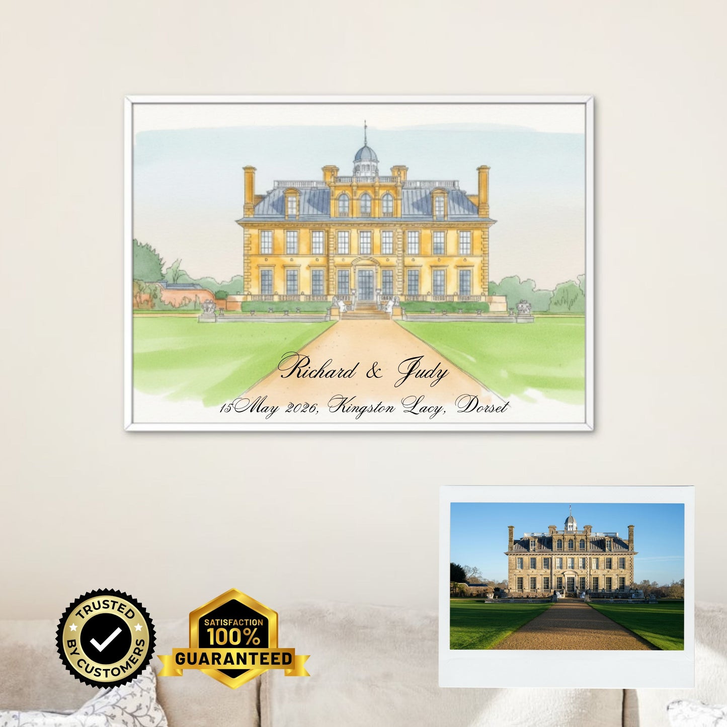Personalised Wedding Venue Watercolour Portrait • Custom Manor House Illustration • Framed Elegant Wall Art Gift