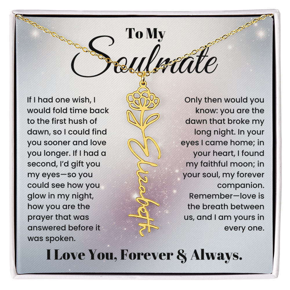 Personalised Name Flower Necklace for Soulmate with Heartfelt Love Note in Luxury Gift Box In White or Yellow Gold