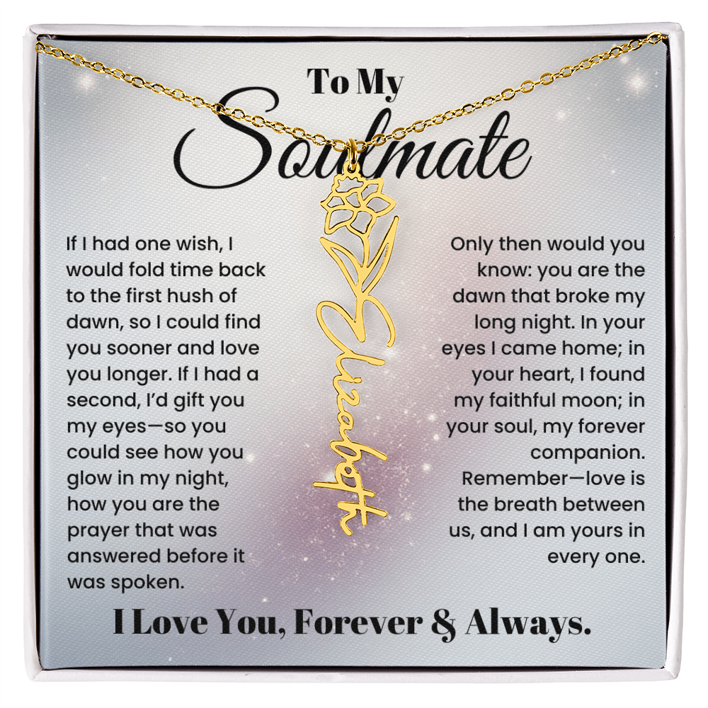 Personalised Name Flower Necklace for Soulmate with Heartfelt Love Note in Luxury Gift Box In White or Yellow Gold
