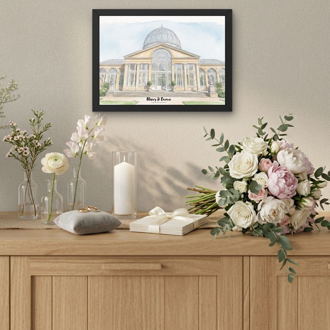 Personalised Wedding Venue Line Art Illustration Watercolour Framed Portrait