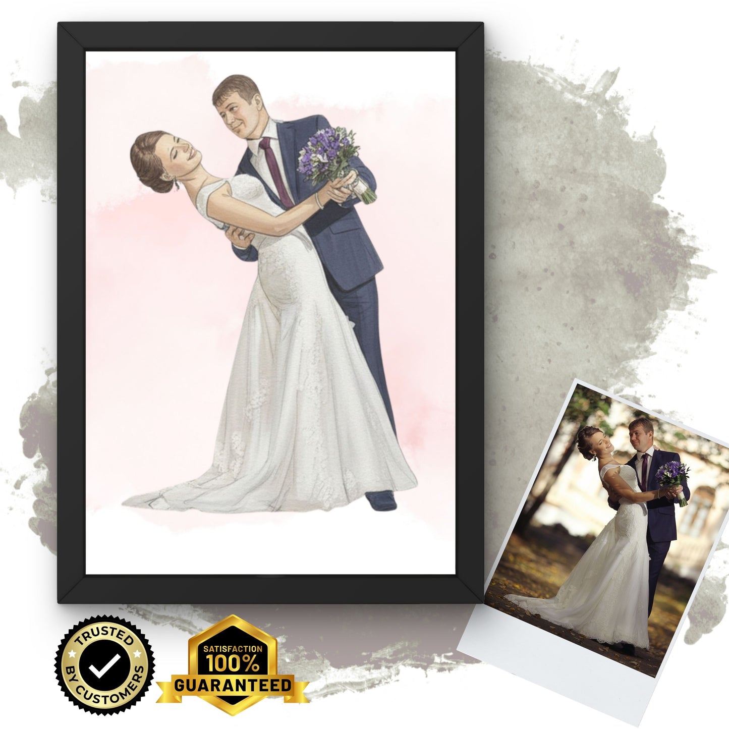 Personalised Wedding Couple Watercolour Portrait • Custom Illustration Gift • Framed Romantic Wall Art