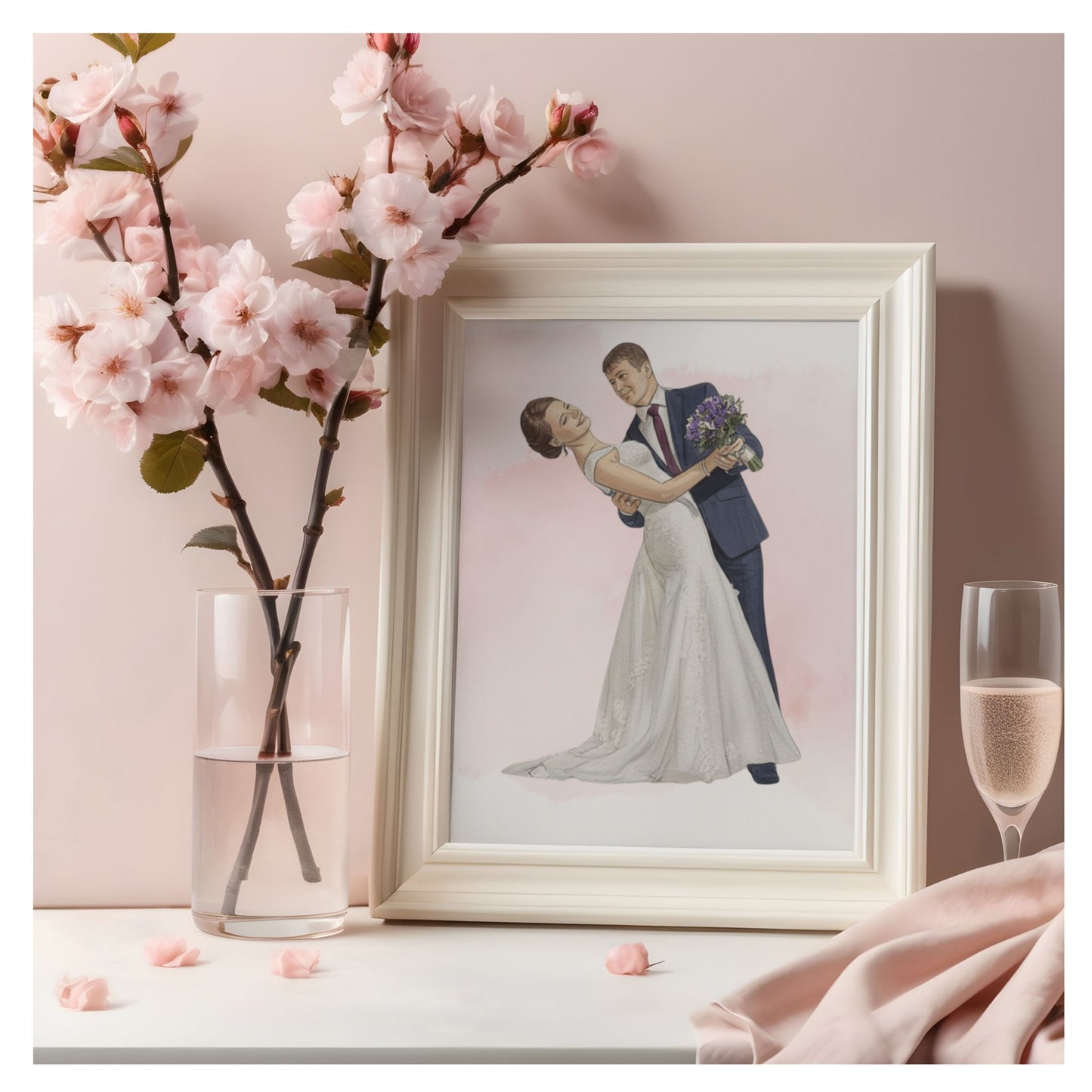 Personalised Wedding Couple Watercolour Portrait • Custom Illustration Gift • Framed Romantic Wall Art