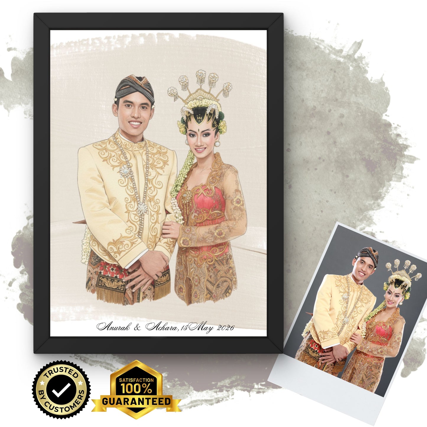 Personalised Wedding Couple Watercolour Portrait • Traditional Attire Heritage Wall Art