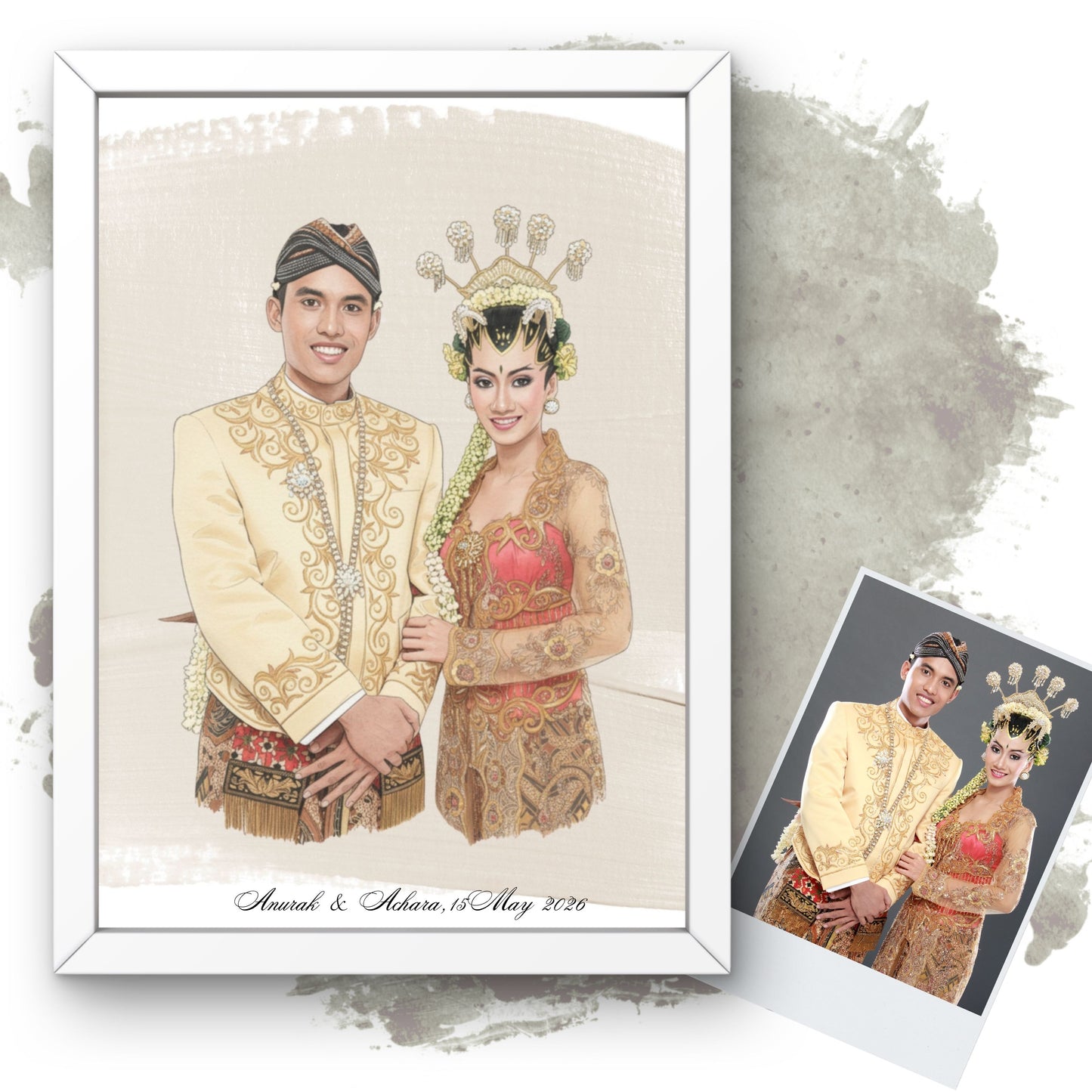 Personalised Wedding Couple Watercolour Portrait • Traditional Attire Heritage Wall Art