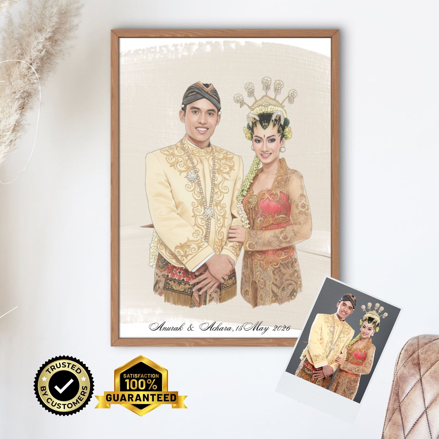 Personalised Wedding Couple Watercolour Portrait • Traditional Attire Heritage Wall Art