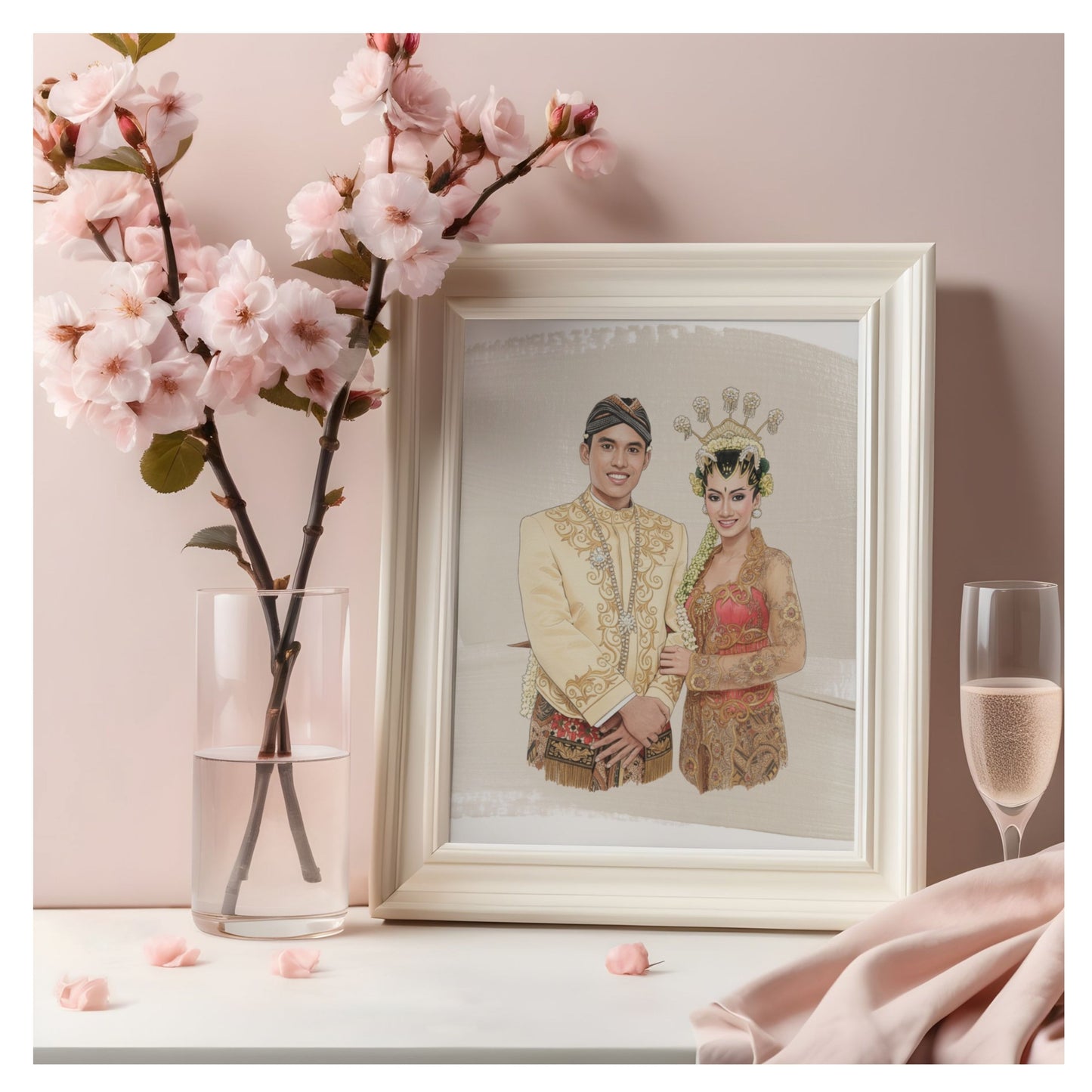 Personalised Wedding Couple Watercolour Portrait • Traditional Attire Heritage Wall Art