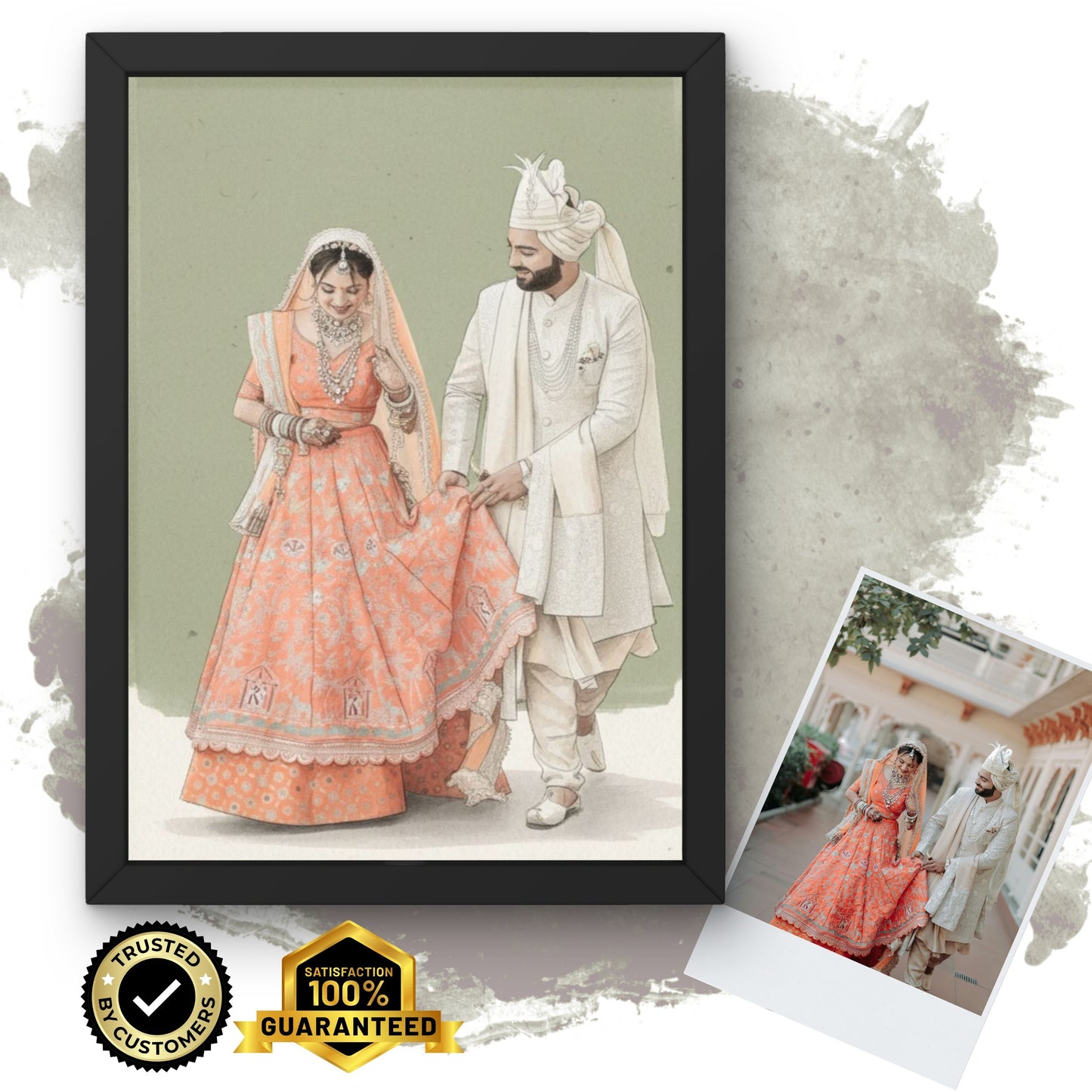 Personalised Wedding Couple Watercolour Portrait • Festive Ceremony Wall Art