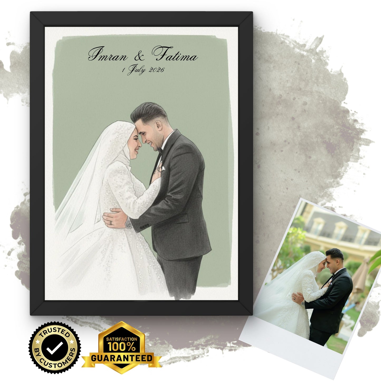 Personalised Muslim Wedding Couple Watercolour Portrait Custom Illustration Print Gift Elegant Unframed Wall Art