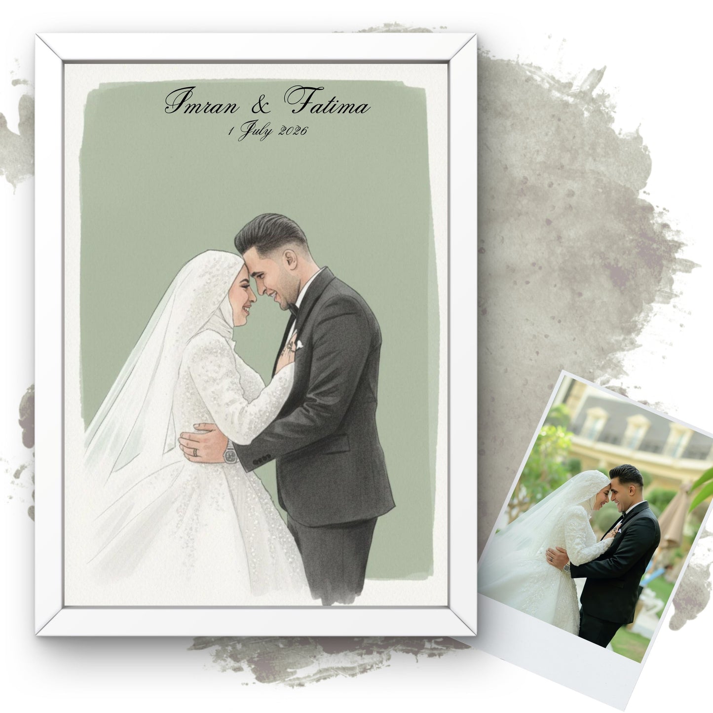 Personalised Muslim Wedding Couple Watercolour Portrait Custom Illustration Print Gift Elegant Unframed Wall Art