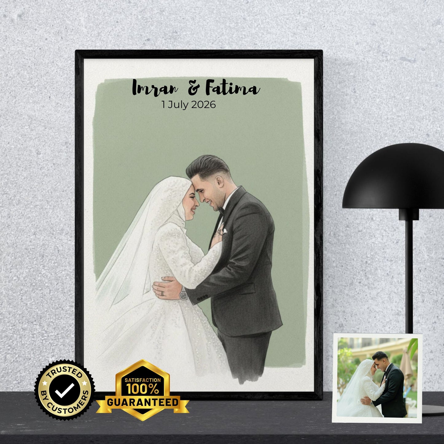 Personalised Muslim Wedding Couple Watercolour Portrait Custom Illustration Print Gift Elegant Unframed Wall Art