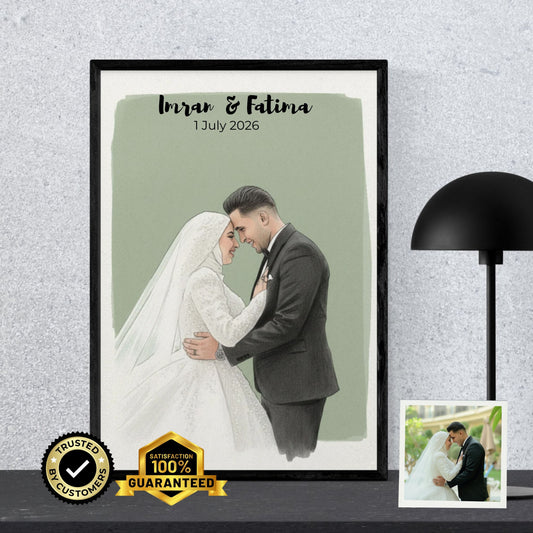 Personalised Muslim Wedding Couple Watercolour Portrait Custom Illustration Print Gift Elegant Unframed Wall Art