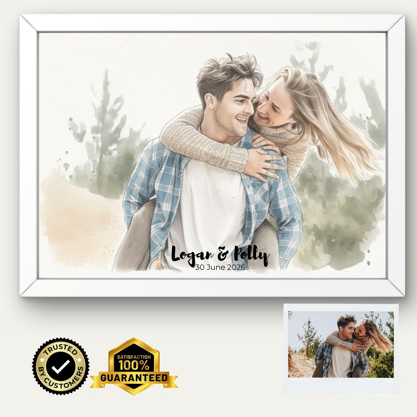 Personalised Couple Watercolour Portrait Custom Illustration Gift Unframed Romantic Wall Art