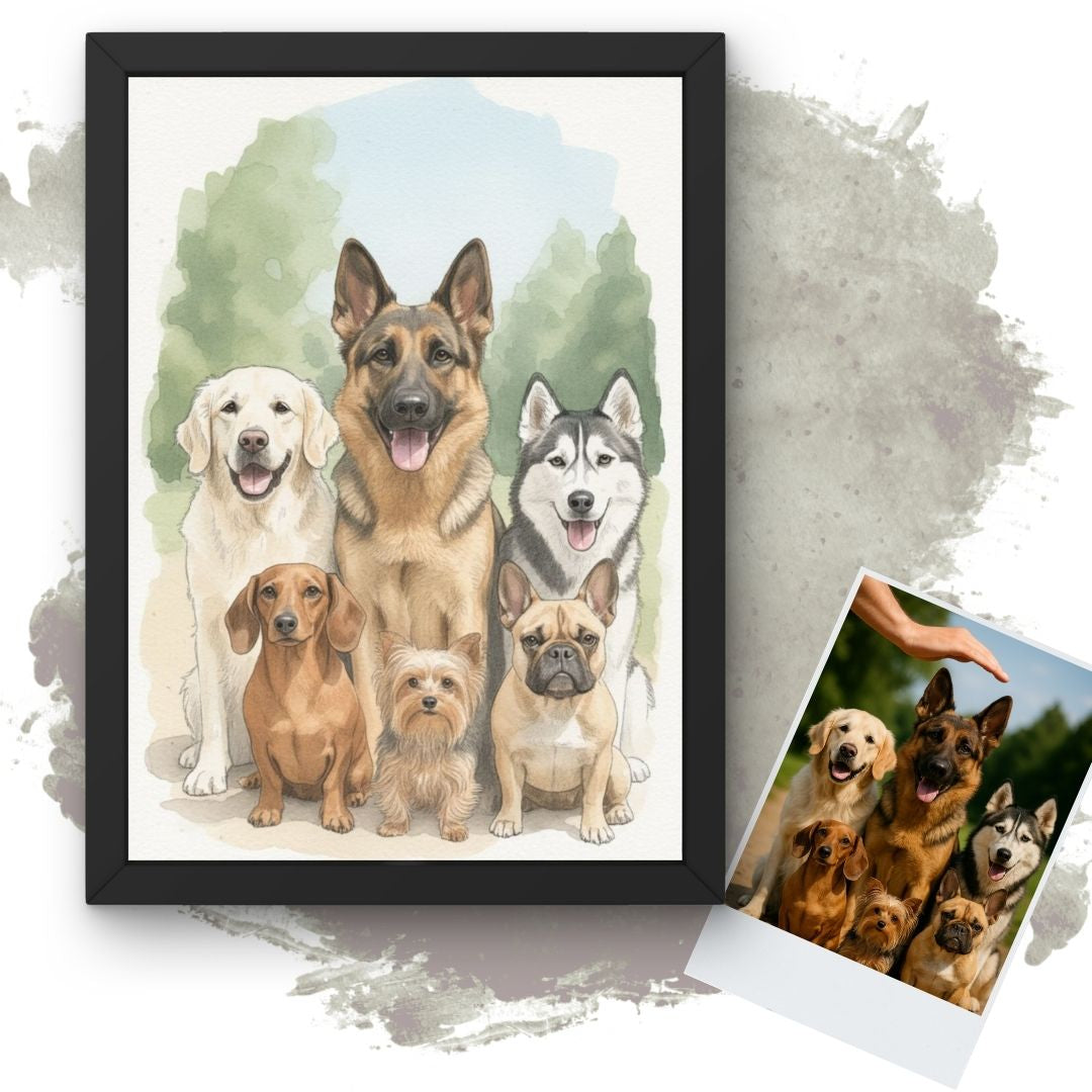 Personalised Pet Family Watercolour Print • Custom Dog Portrait • Hand‑Drawn Style Wall Art Gift