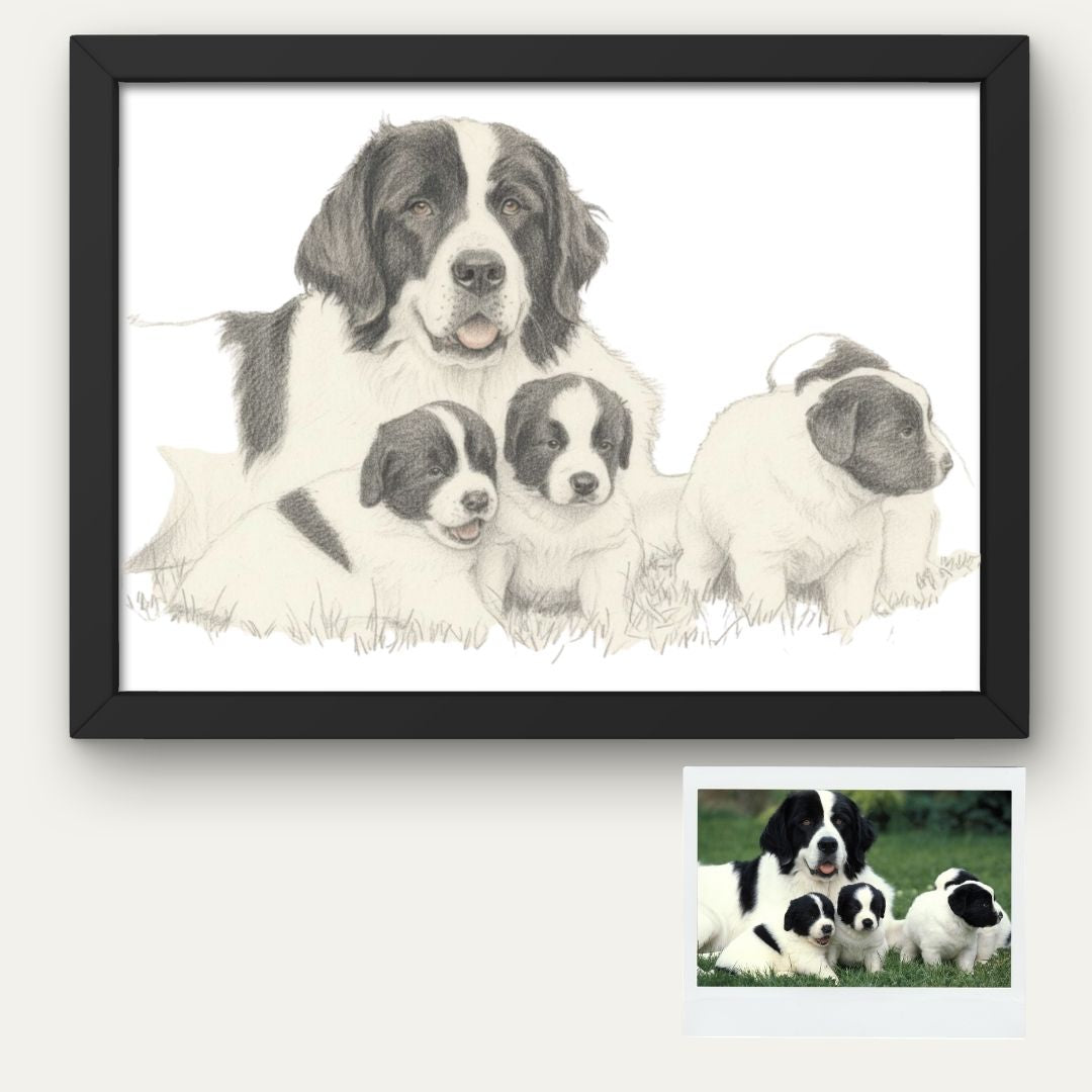 Custom Dog Family Pencil Sketch • Hand‑Drawn Style Print Pet Portrait • Framed Black & White Wall Art Gift