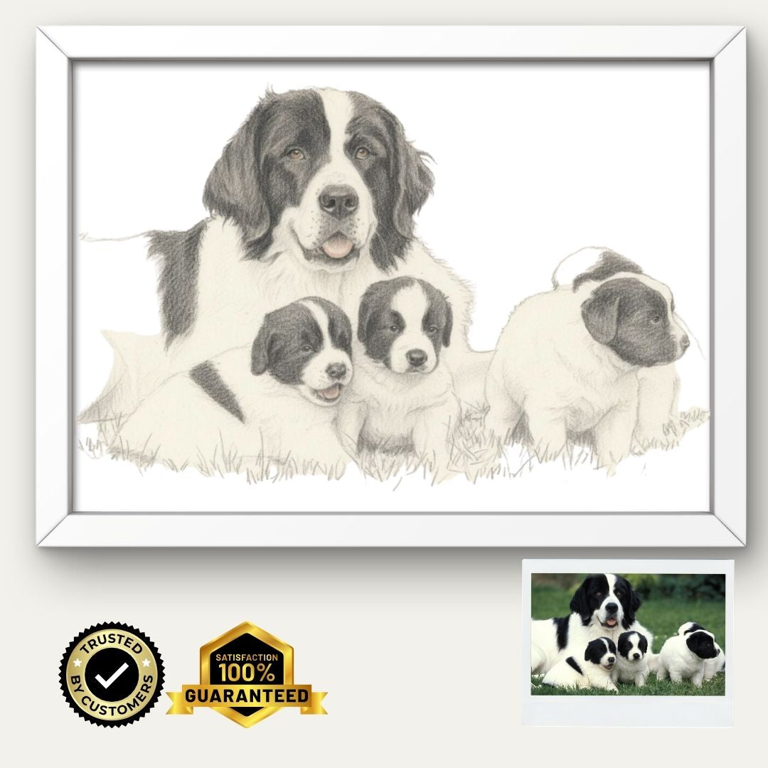 Custom Dog Family Pencil Sketch • Hand‑Drawn Style Print Pet Portrait • Framed Black & White Wall Art Gift