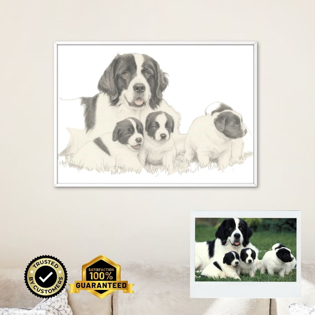 Custom Dog Family Pencil Sketch • Hand‑Drawn Style Print Pet Portrait • Framed Black & White Wall Art Gift