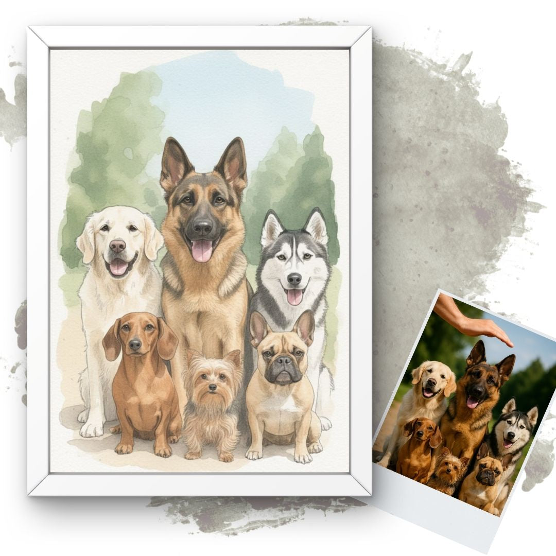 Personalised Pet Family Watercolour Print • Custom Dog Portrait • Hand‑Drawn Style Wall Art Gift