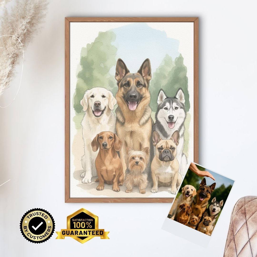 Personalised Pet Family Watercolour Print • Custom Dog Portrait • Hand‑Drawn Style Wall Art Gift