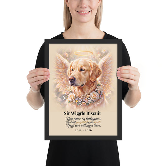 Personalised pet memorial framed poster in black wood frame, 12 x 16 inches, custom dog name and dedication