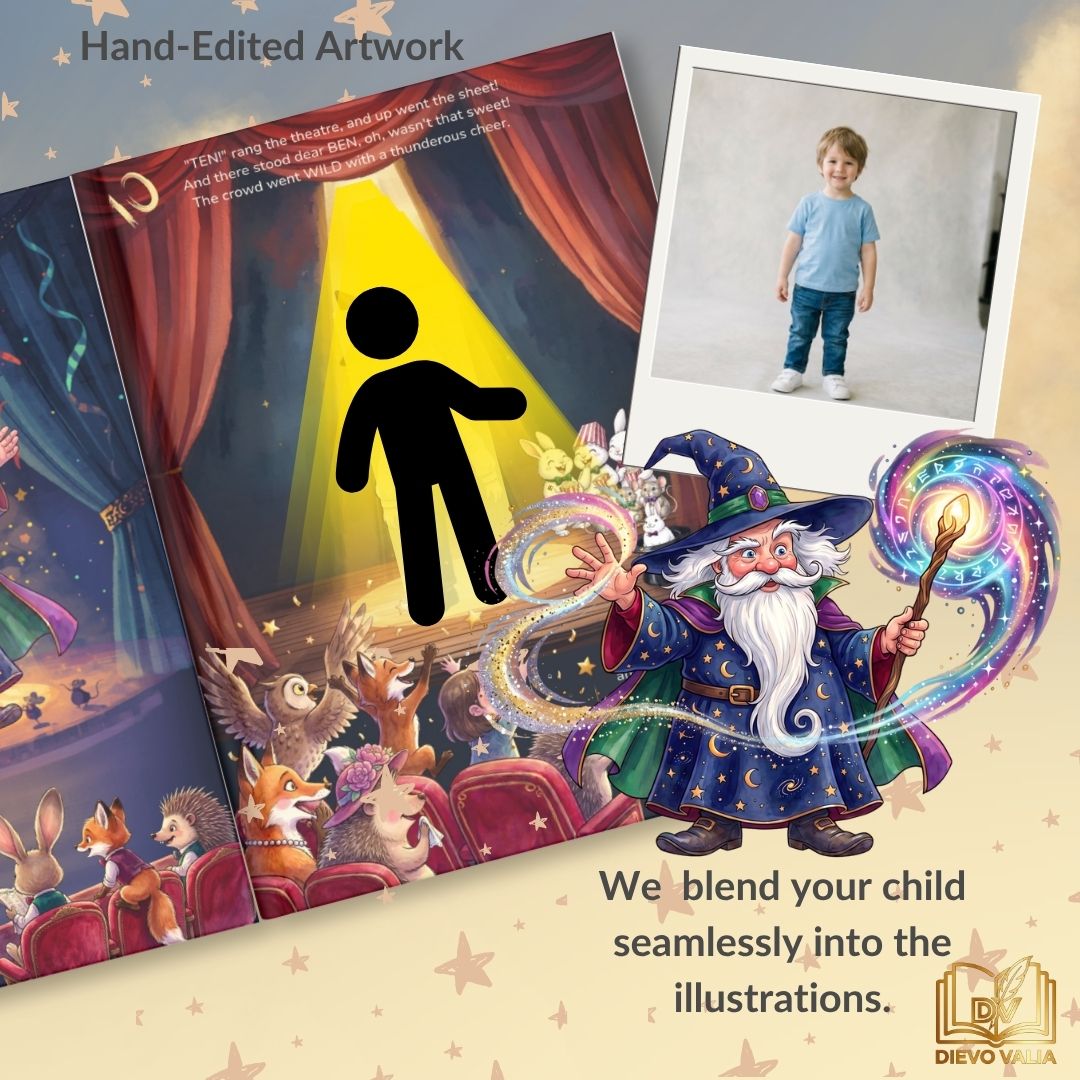 Hand-edited artwork features of the personalised magic show book