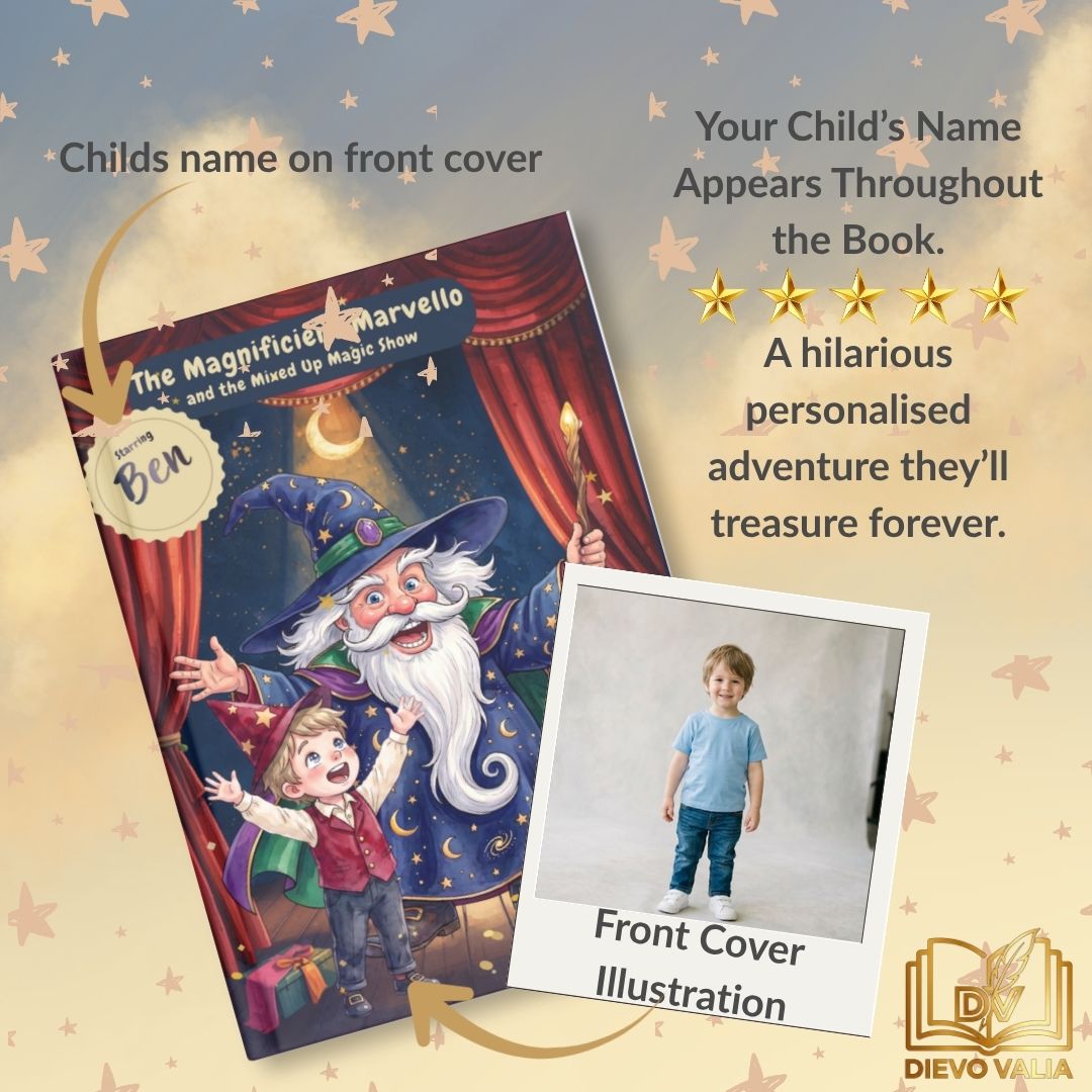 Inside page spread showing personalised name and illustration in the magic show book