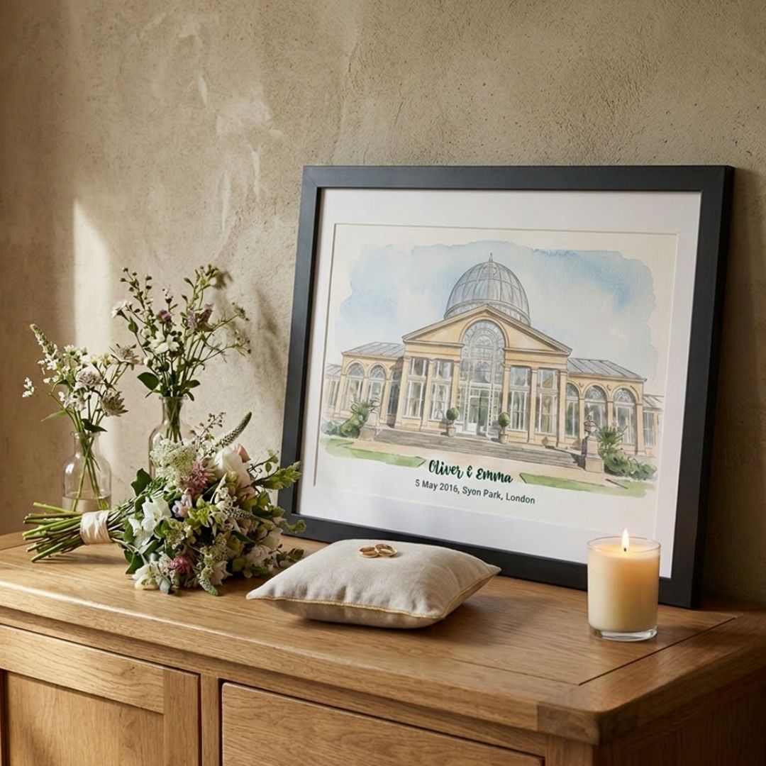Personalised Wedding Venue Line Art Illustration Watercolour Framed Portrait