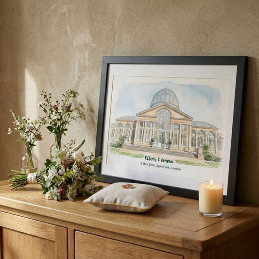 Personalised Wedding Venue Line Art Illustration Watercolour Framed Portrait